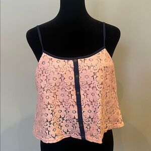 Pink lace camisole with navy blue straps